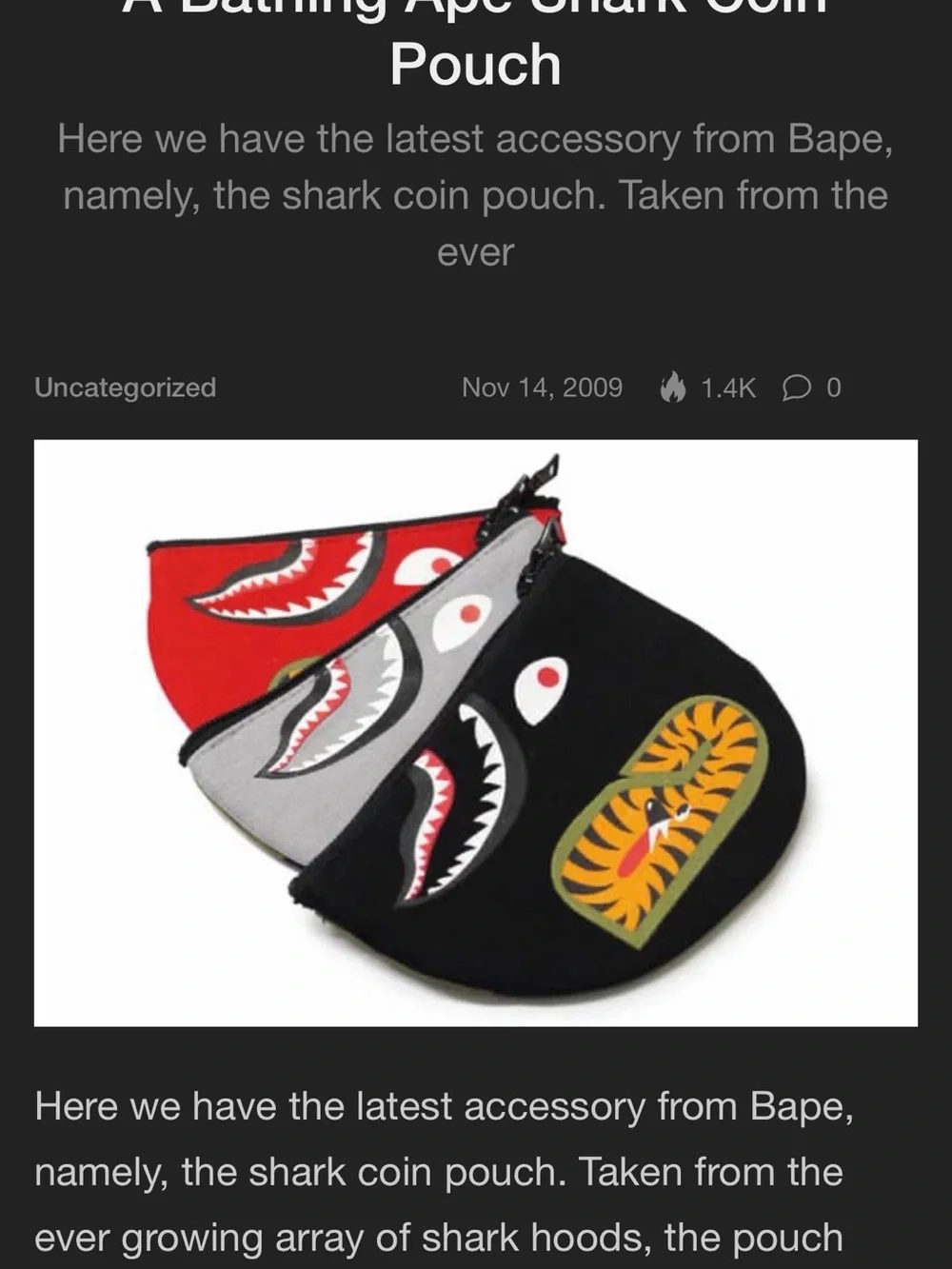 RARE Vintage 2009 BAPE Tiger Shark Coin Pouch
